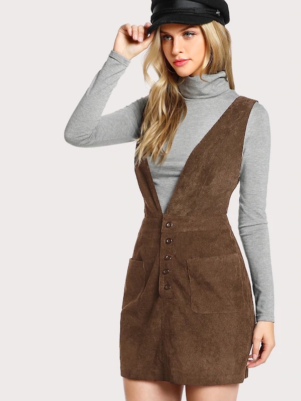 Autumn Design Crisscross Buttoned Plunge Pinafore Corduroy Dress