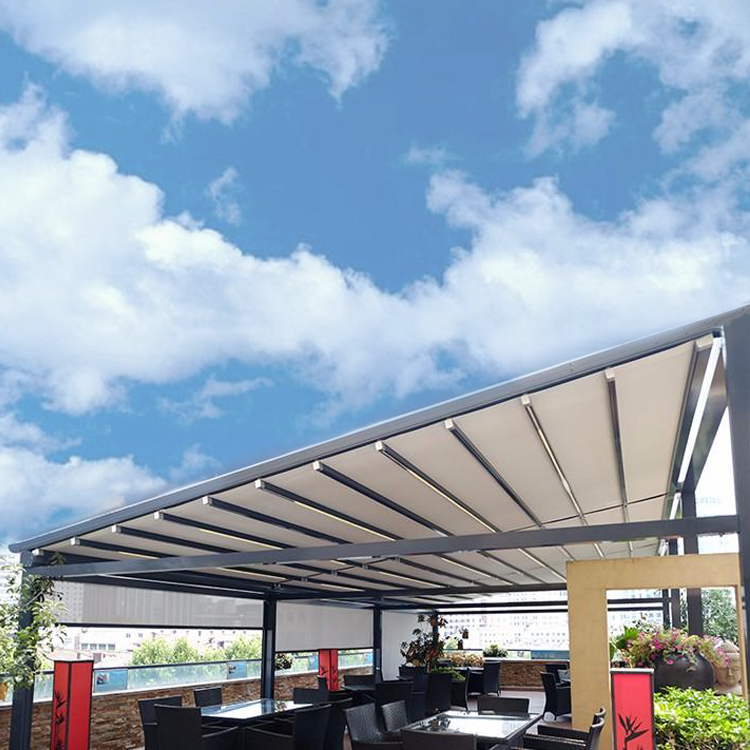 Outdoor electric LED retractable roof pergola and pergola components