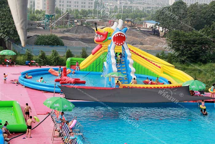 0.9mm PVC Kids Inflatable Water Amusement Park Dragon And Shark Style