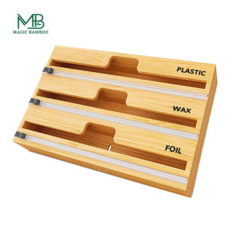 Stylish Bamboo Drawer Zip Lock Kitchen Foil Plastic Wrap Dispenser with Slide Cutter