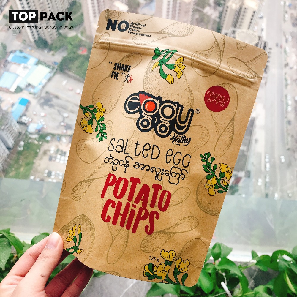 Resealable Paper Standing Pouch Potato Chips Kraft Stand Up Pouches