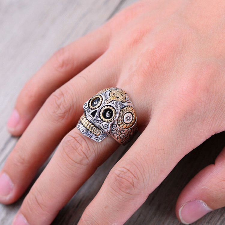 Mens Two Tone 925 Silver Skull Ring Retro Vintage Jewelry (XH052248W)