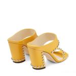 White Lambskin Ladies Block Heel Sandals Metallic Dome Rubber Outsole