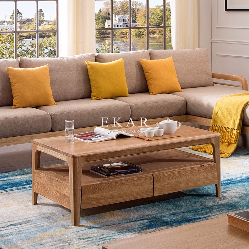 Solid Oak Wood 2 Drawers Sofa Table Center Table
