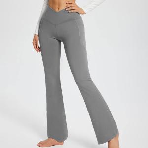 China Women'S High Waist Flare Pants Trendy Crossover Yoga Pants Workout Bell Bottom Leggings With Pockets wholesale