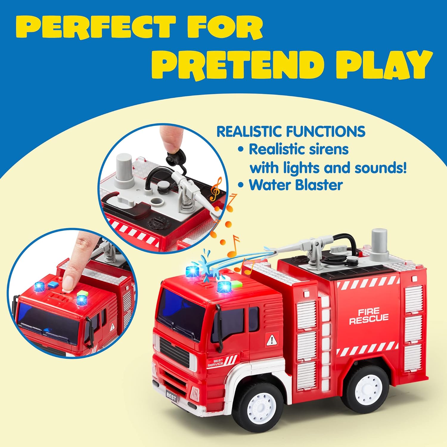 Battery-Free Friction Toy Toddler Truck Fire Engine Emergency Vehicle for Kids Age 3-9