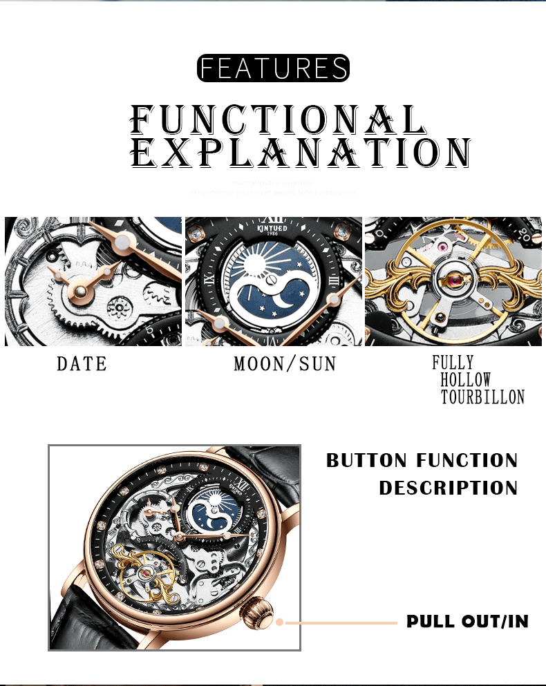 KINYUED New design Multifunctional mechanical watch Tourbillon mechanical movement