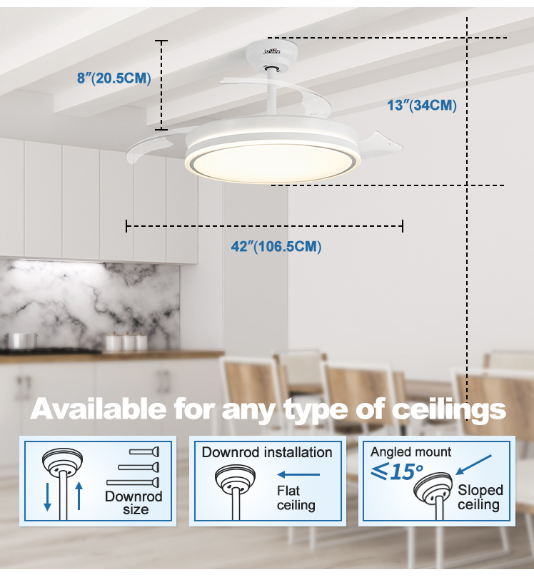 1stshine LED Ceiling Fan with Retractable Blades and Remote Control 3 Color LED Light