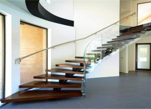 China Apartment Building Curved Stairs Wood Tread Stainless Steel Railing Syestem wholesale