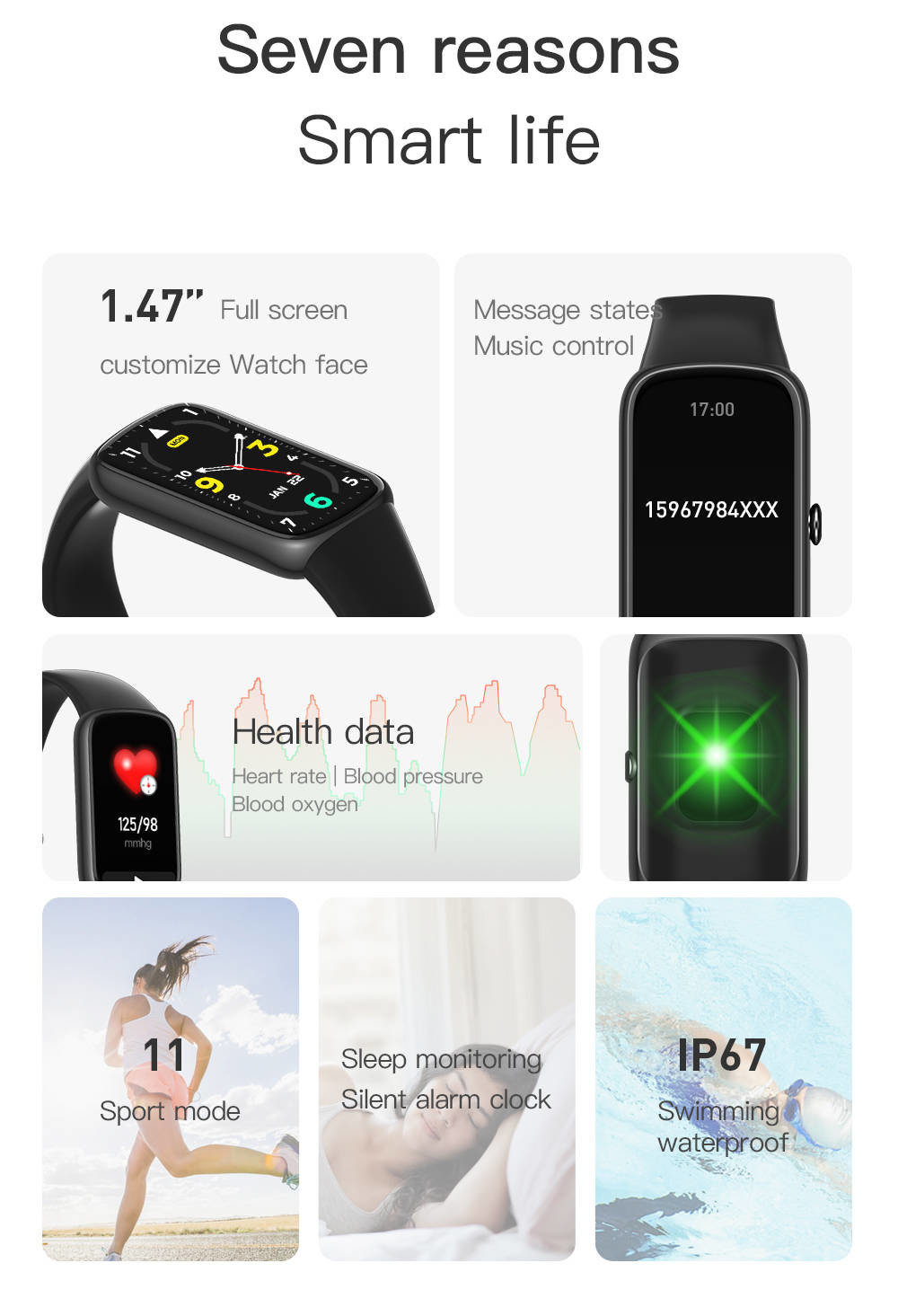 Sport Smart Health Bracelet 150MAh Battery IP67 Waterproof Blood Pressure Monitor