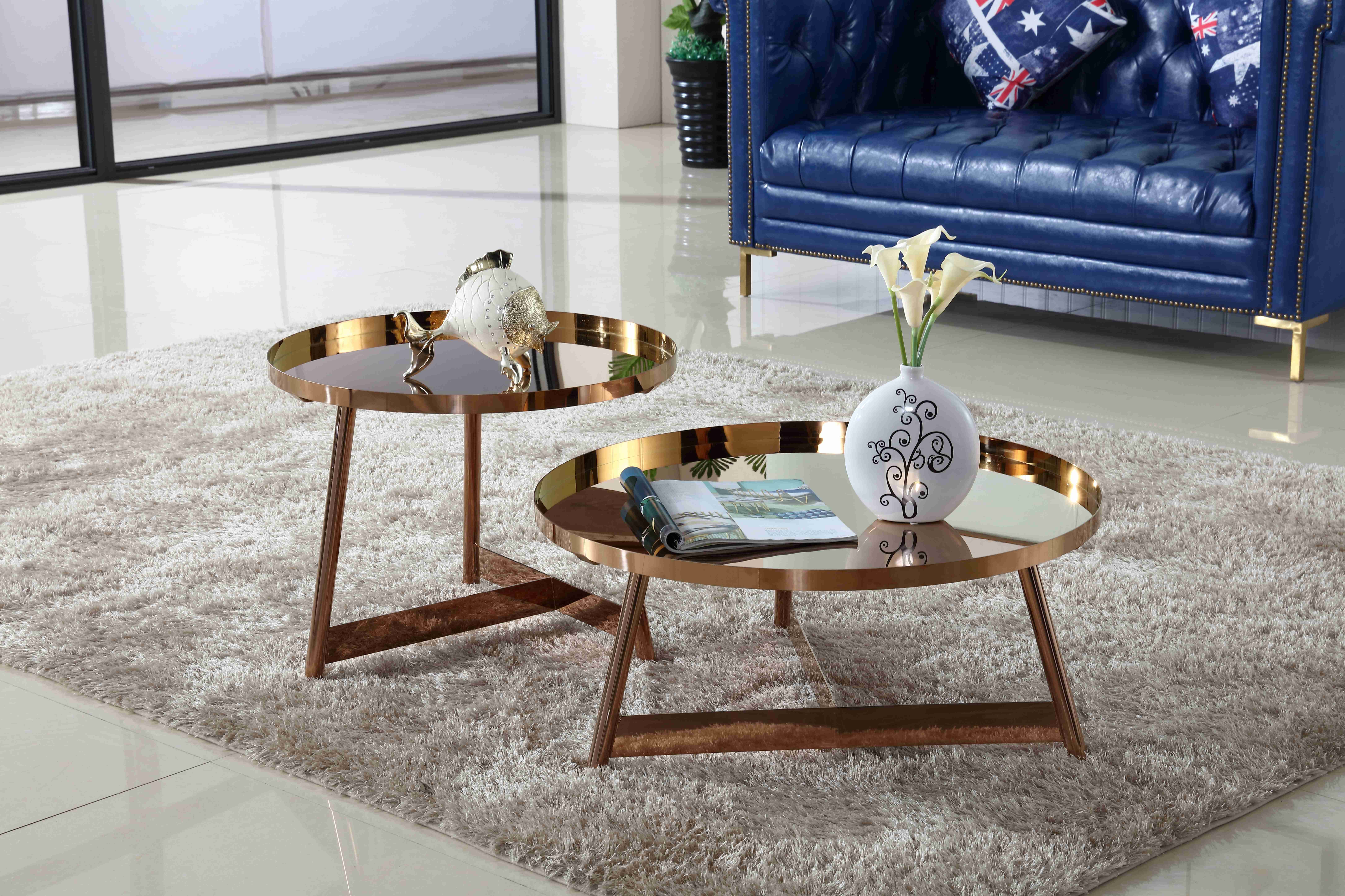 Interior Stainless Steel Shining Coffee Table Round Rose Gold Living Room Furniture