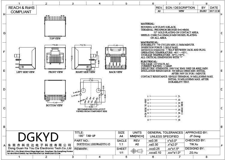 DGKYD52A1188GWA6DY9143 52A RJ45 8P8C Connector In Line 180 Degree Socket