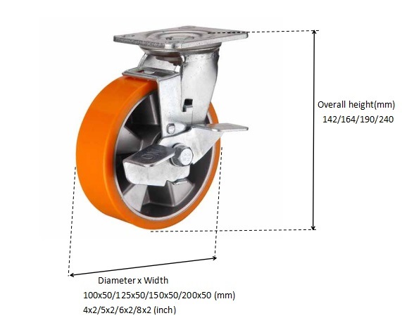 High Quality Heavy Duty Aluminium Core PU Caster with Brake