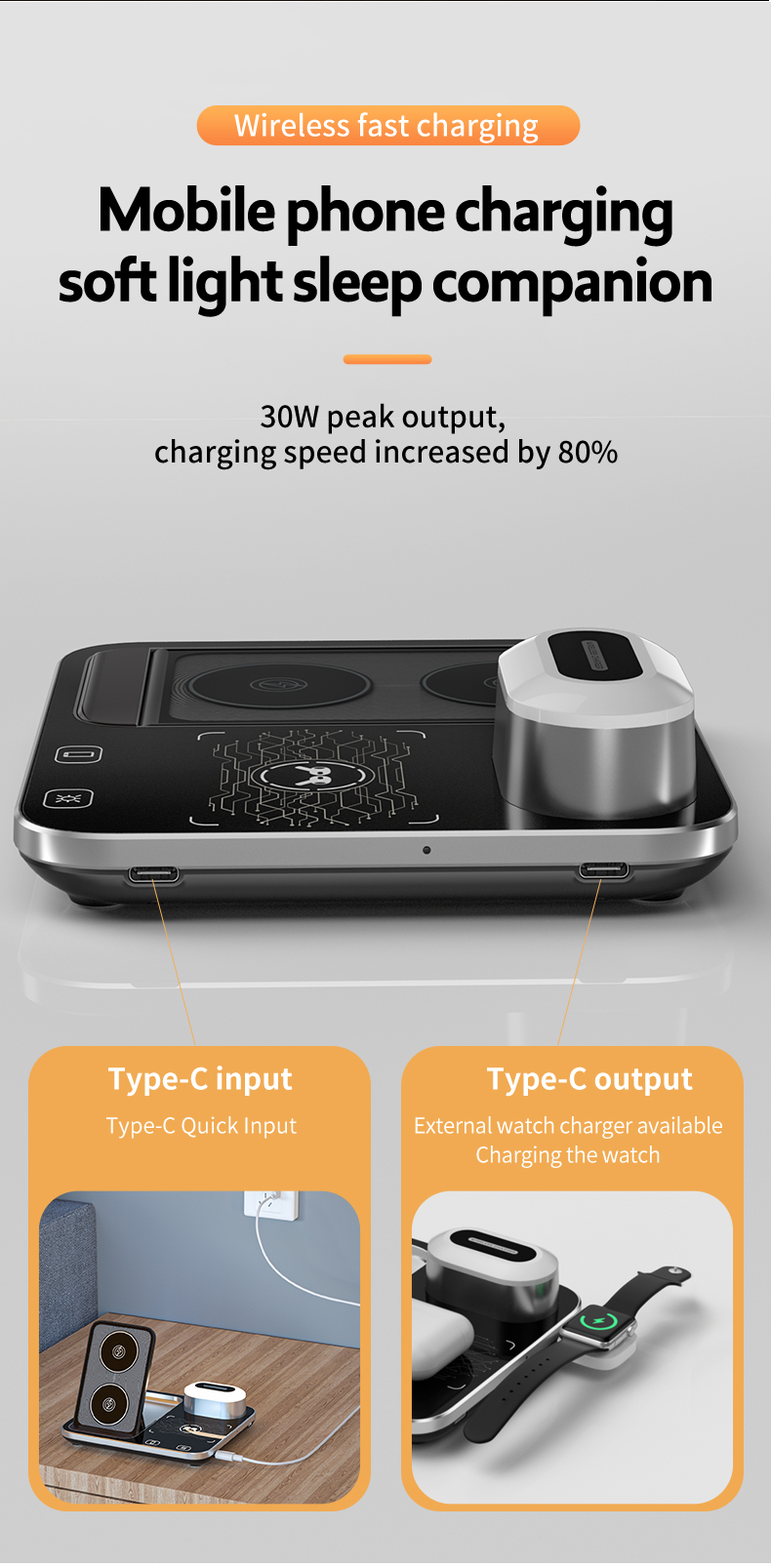 Multifunctional Wireless Charger for Earbuds and Phone 3 In 1 Desktop Fast Charging Station Input 9V/2A Size 165x141.3x13mm
