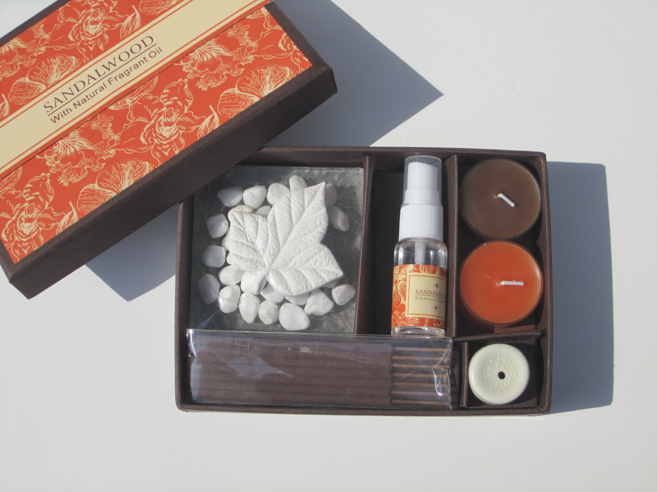 Orange & Brown scented & assorted tealight candle & holder packed into gift box