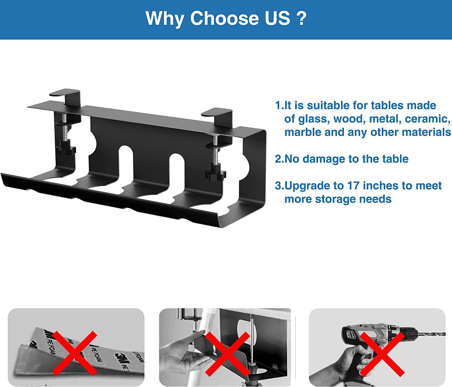 Desk Cable Basket Without Drilling Under Table Cord Holder for Neat Wire Organization
