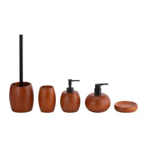 China Brown Ashwood Bathroom Countertop Accessories Round Shape Black Pump Toothbrush Cup Bathroom Kits Soap Dispenser wholesale