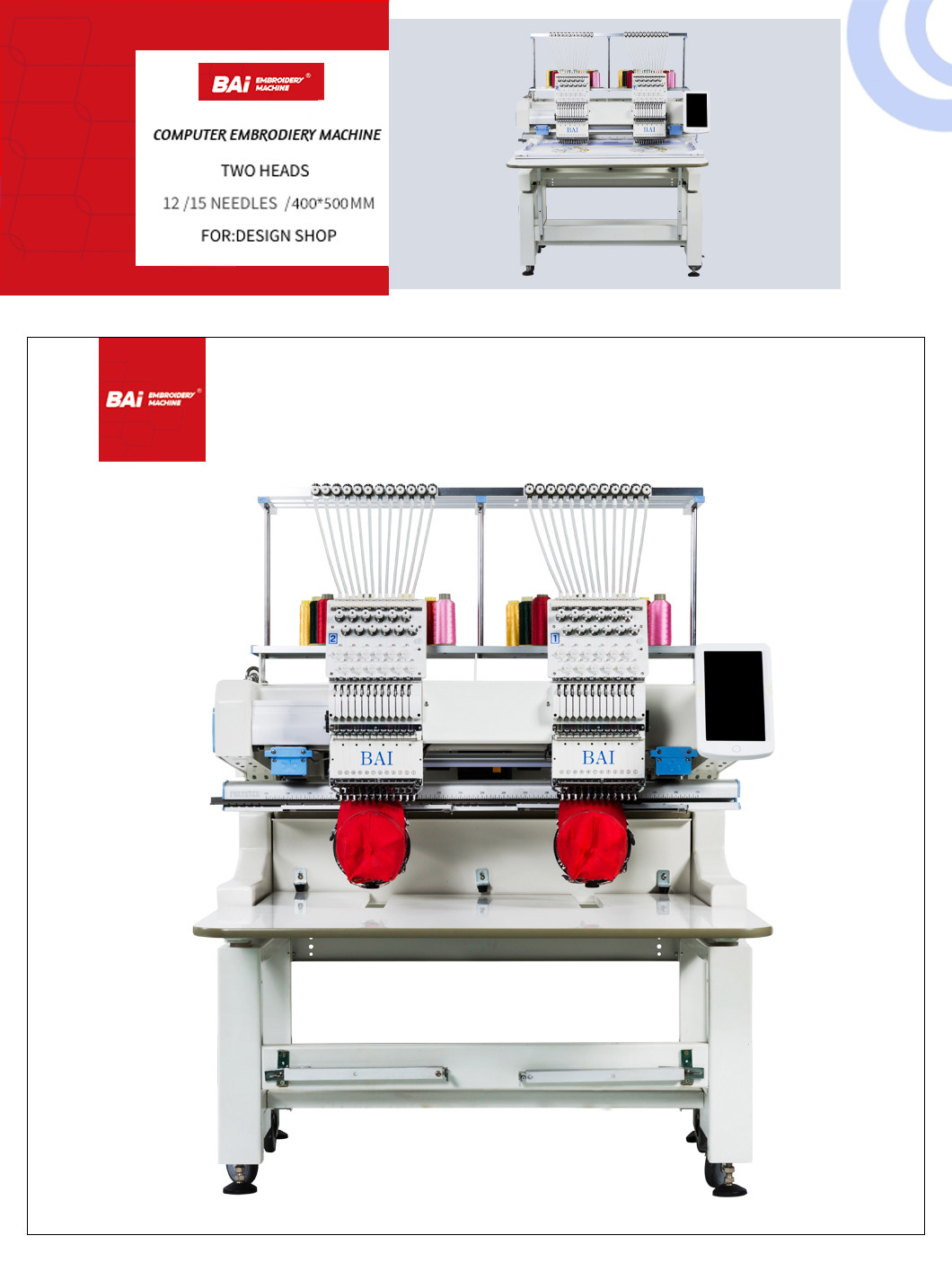 450mm 2 Head Embroidery Machine BAI 1200rpm High Speed
