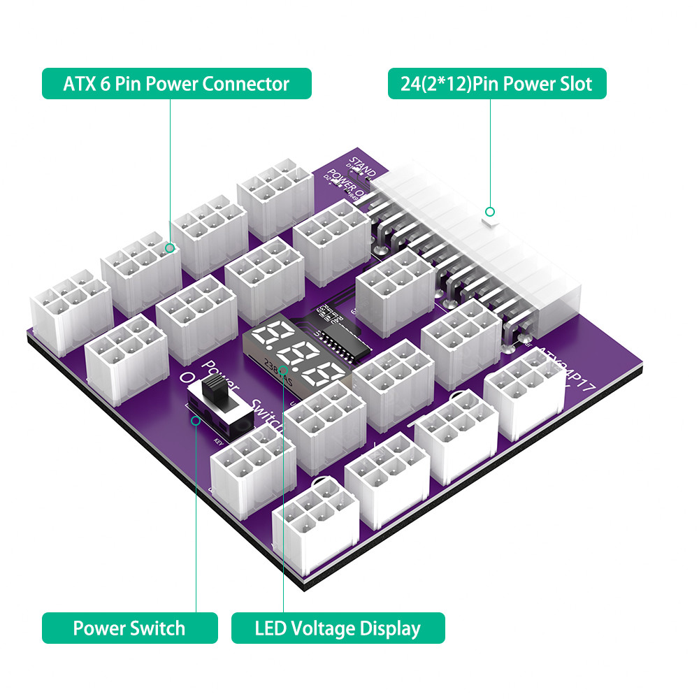 ATX 24PIN To 17 x 12V PCI-E 6Pin Connector Breakout Board Support Max 800W Computer Power Supply