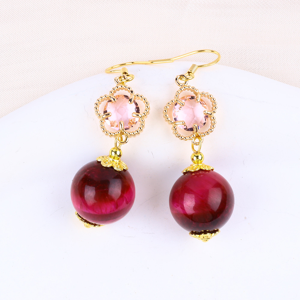 14MM Rose Red Tiger Eye With Pink Flower Charm Round Shape Short Drop Earring For Party Gift