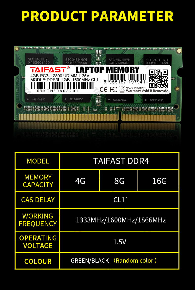1.35V 2GB Laptop DDR3 Memory Ram 1600mhz 240pin So Dimm Taifast