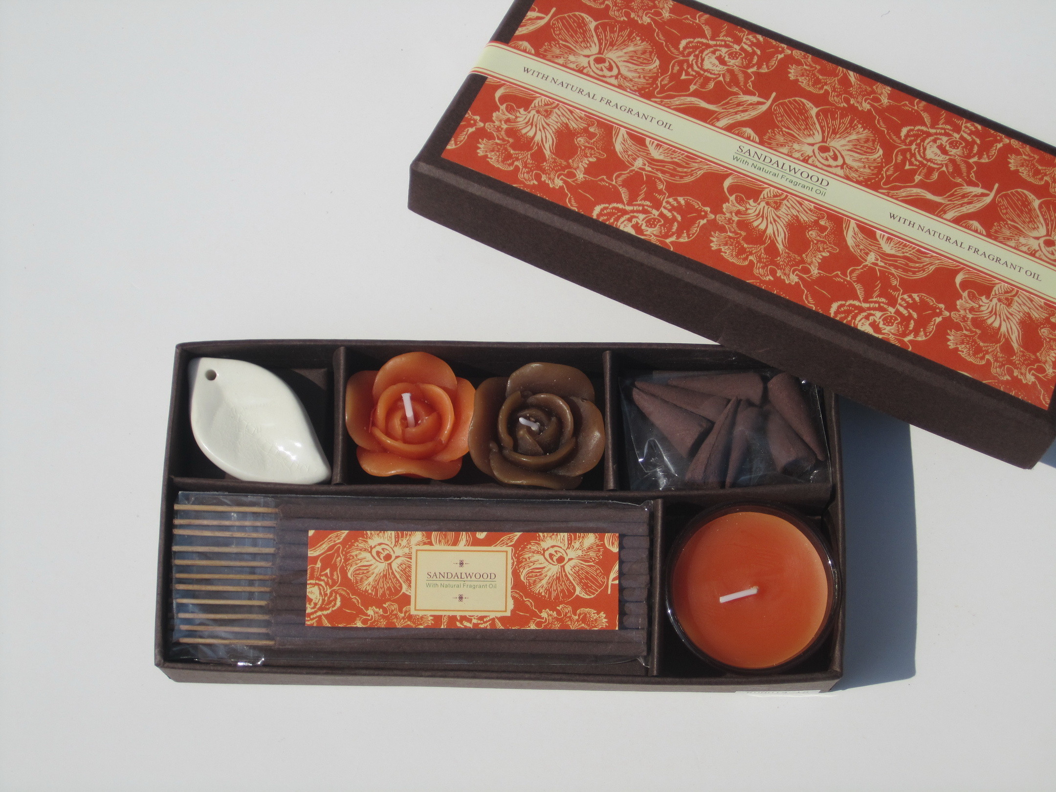Orange & Brown scented & assorted rose candle & tealight candle,incense packed into gift box