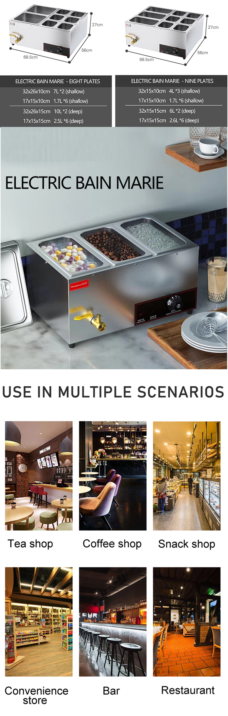 Restaurant Catering Kitchen Industry Electric Bain Marie Food Warmer Display in Silver