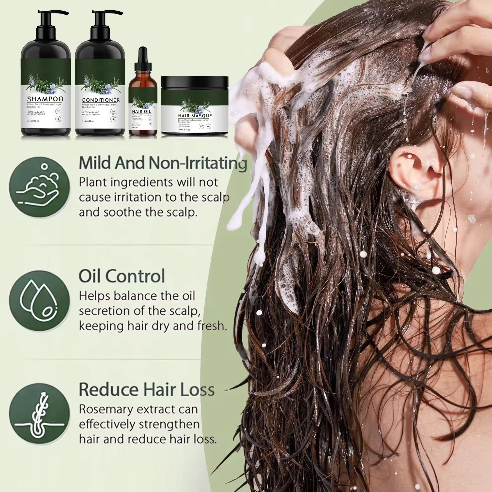 Vegan Hair Care Rosemary Mint Strengthening Oil Control Hair Growth Shampoo Conditioner Hair Oil Masque Mask Set