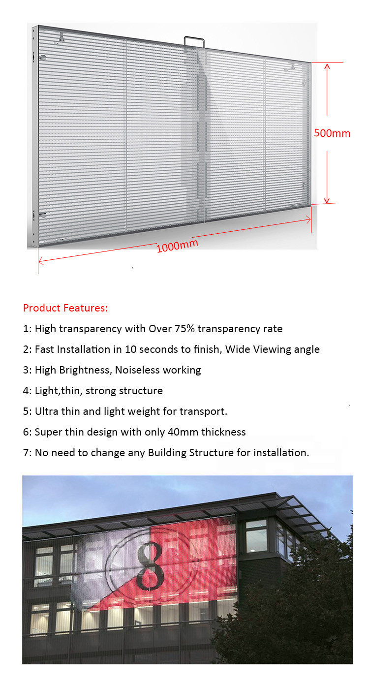 2500cd/Sqm IP45 Outdoor Transparent LED Display P3.91 Window Glass LED Display
