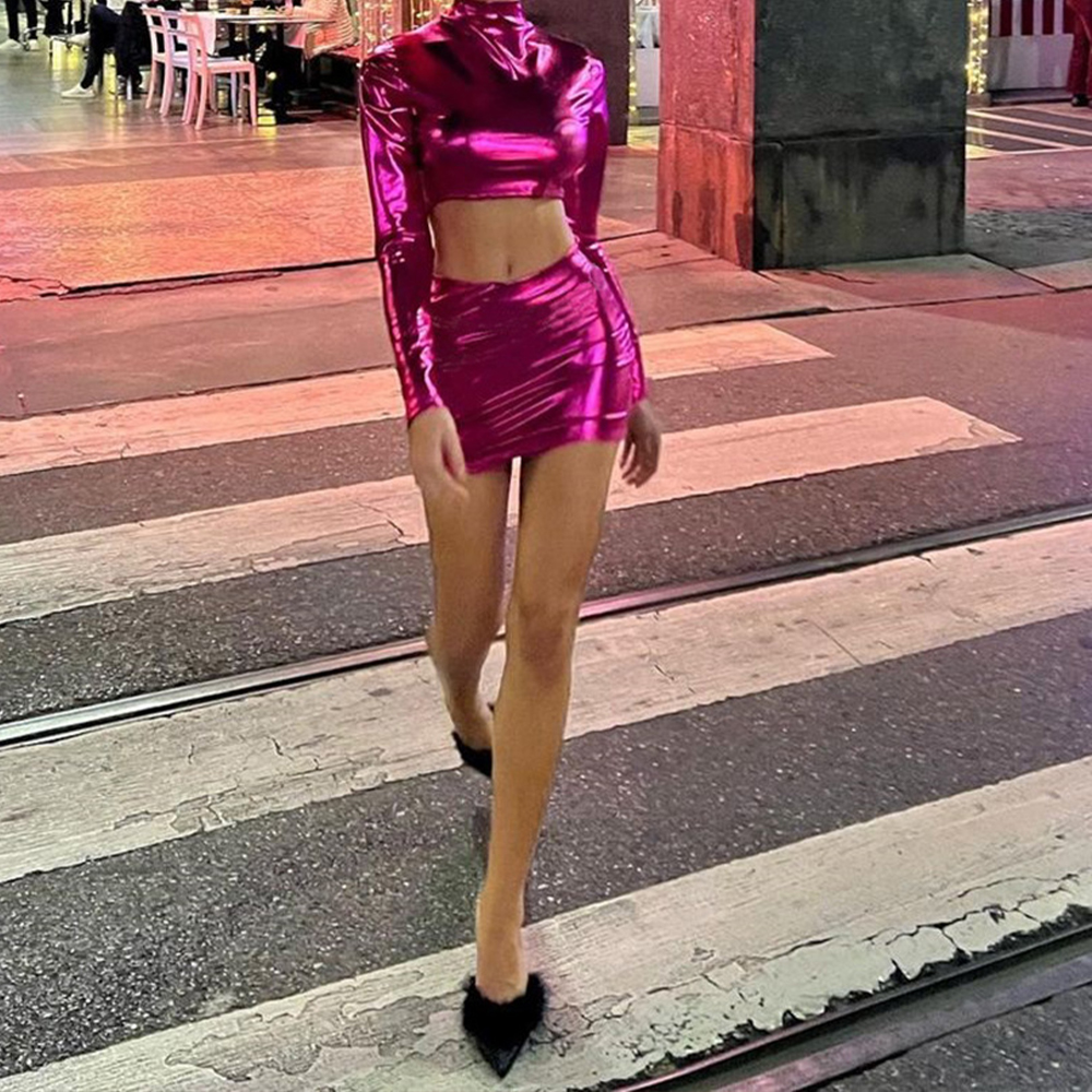 Metallic Shiny Sexy Women'S Casual Dress Midriff-Fitting Party T-Dress Buttock
