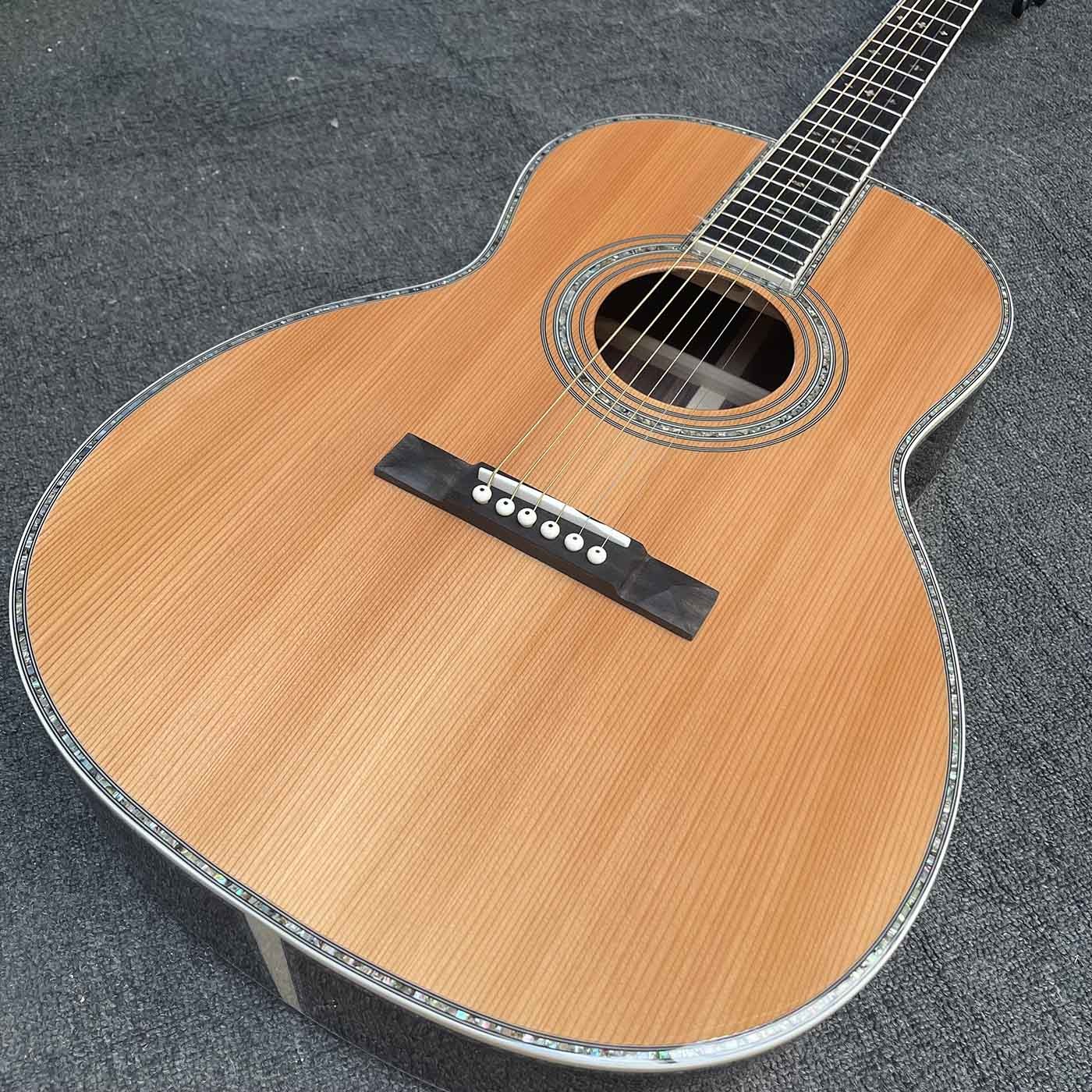 Solid Cedar Top OOO Body Ebony Fingerboard Classic Folk Acoustic Guitar with 43mm Nut Width Abalone Binding Slotted Headstock
