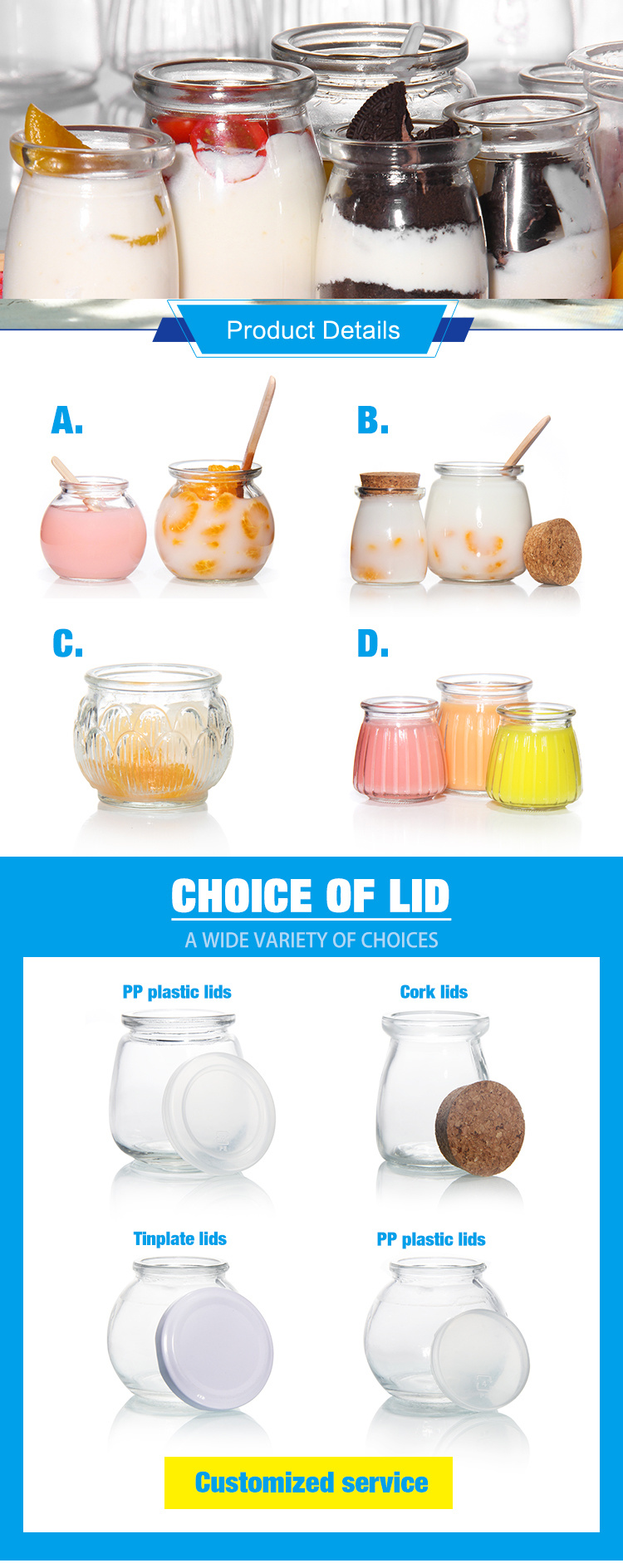 Fashion 50ml 100ml 150ml 200ml Small Glass Pudding Cheese Jar with Plastic Pudding Lid