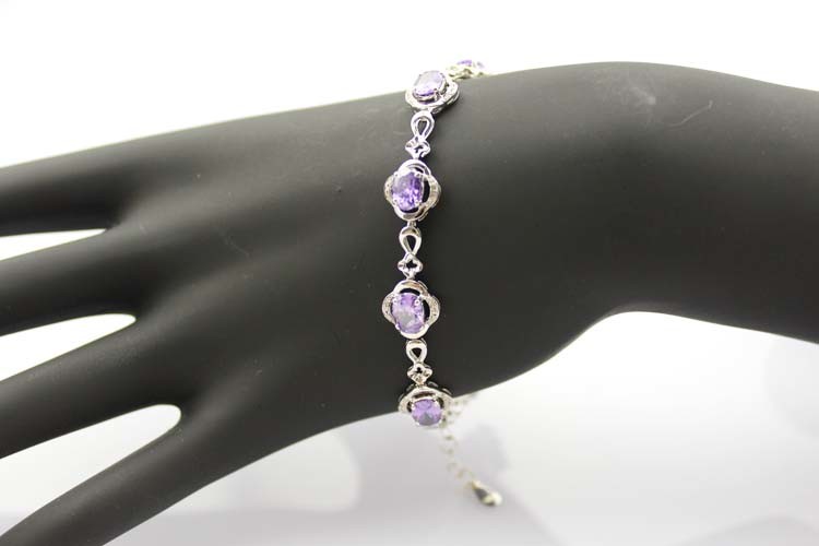 Sterling Silver Link 5x7mm Created Amethyst Cubic Zircon Tennis Bracelet (H08)