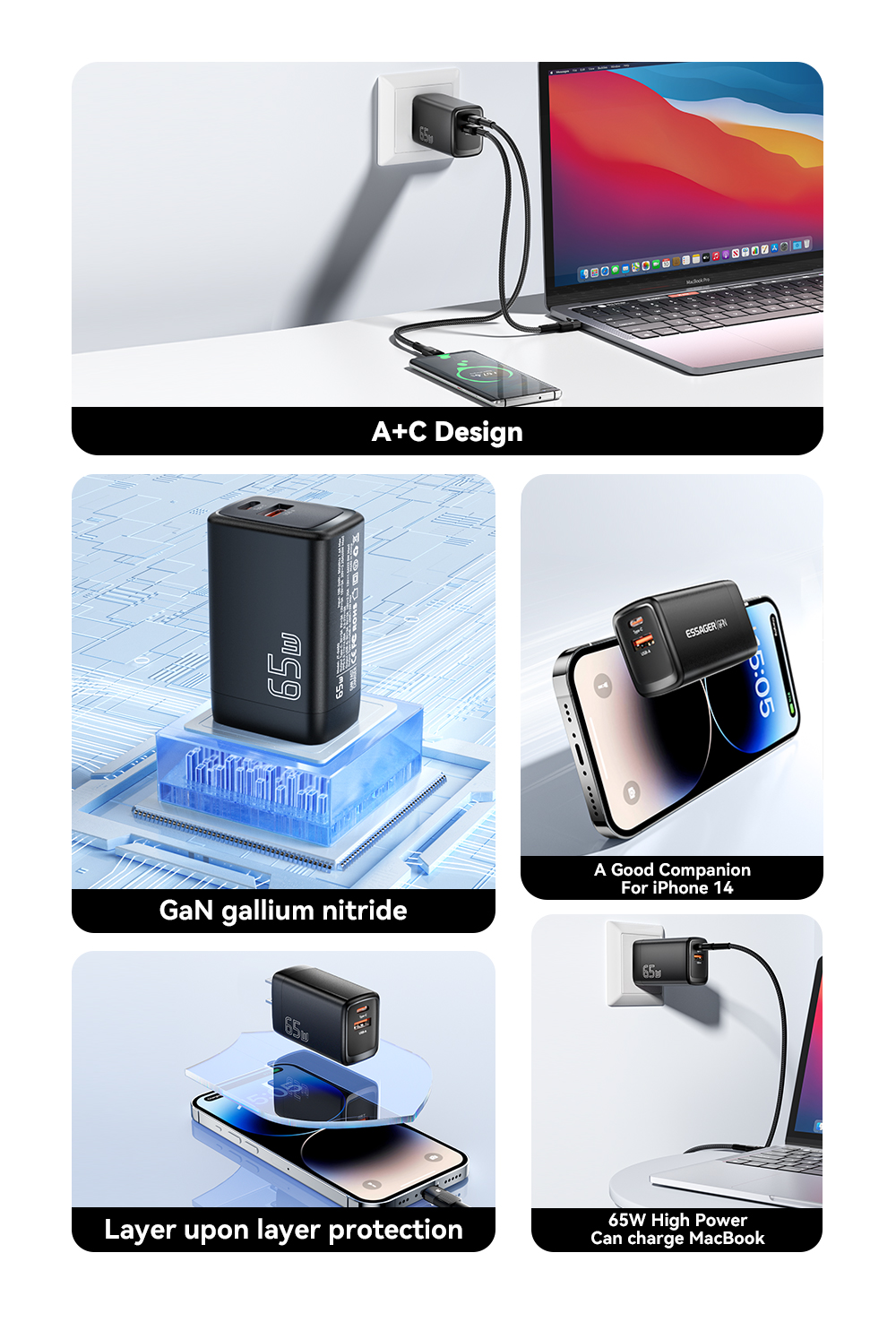 ESSAGER JT-G65Q Series Portable Fast Charger 65W For Android Phone Charger