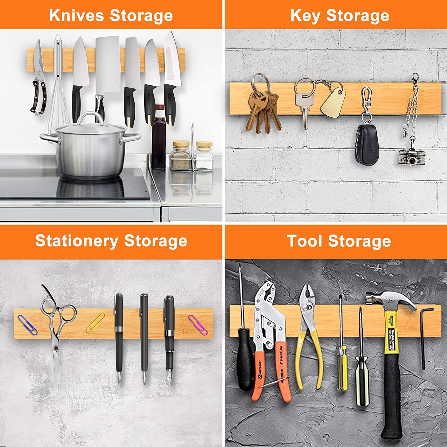 Oak Wood Magnetic Knife Holder Wall Mount Space-Saving Kitchen Accessory 680-995g