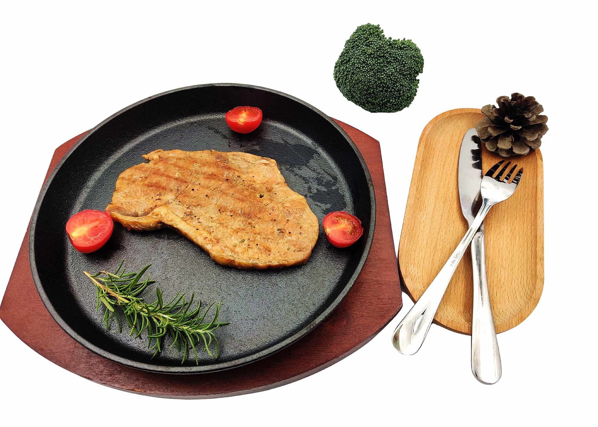 Pre Seasoned Cast Iron Sizzle Platter Cast Iron Steak Pan sets With Wooden Base