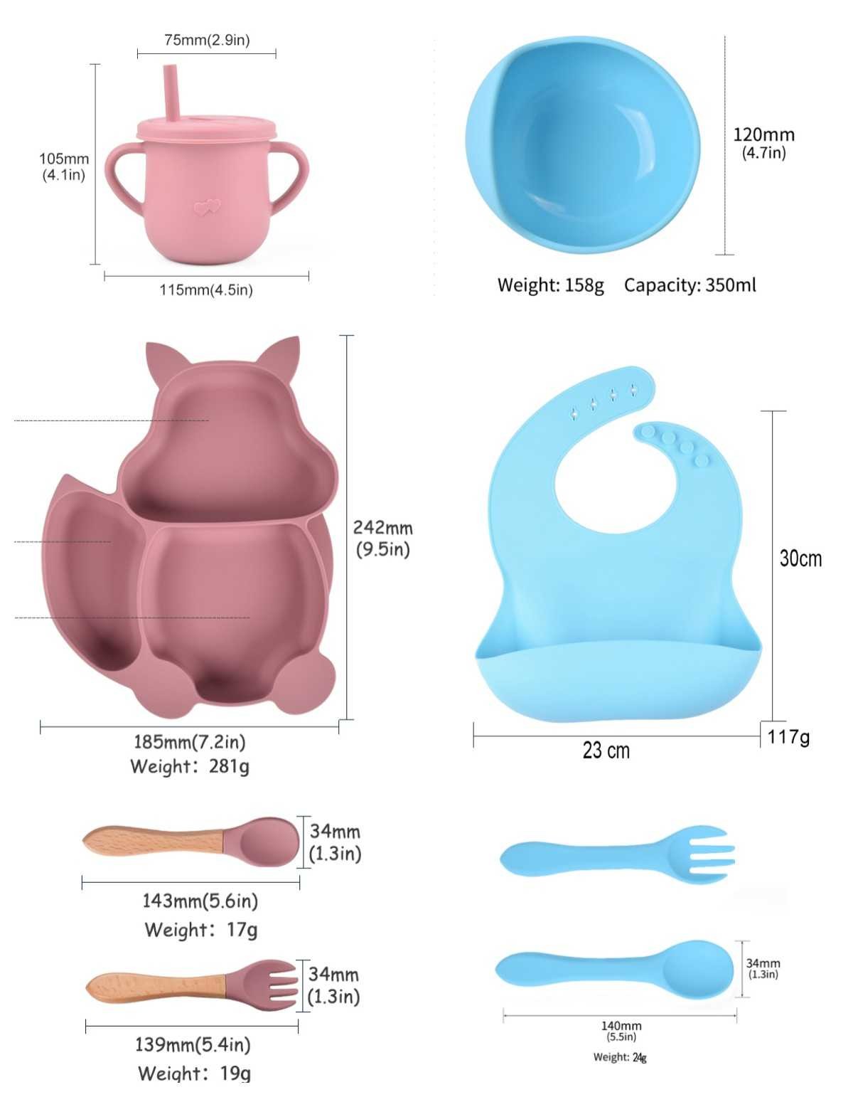 Squirrel 100% Silicone Plates And Bowls Bib Set 8 Piece Eco Friendly