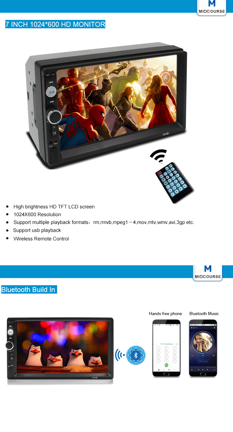 Universal wholesale 7 inch touch screen Car Radio 2Din Car Audio Stereo Auto Audio Bluetooth 1080P FM Radio