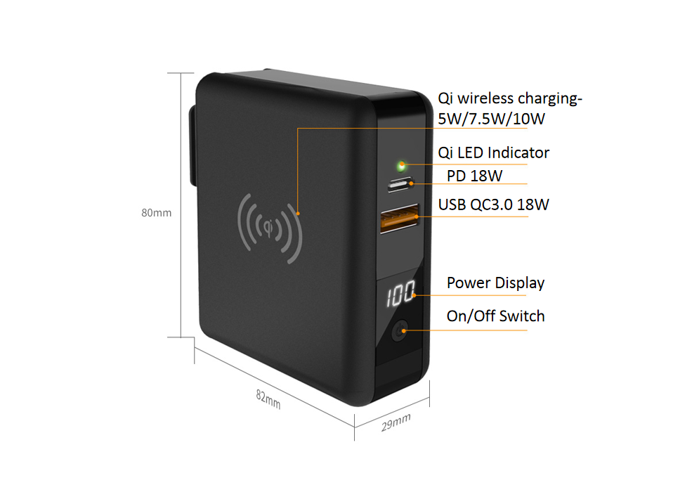 Type C USB 8000mAh 2 Port Wireless Fast Charger Power Bank