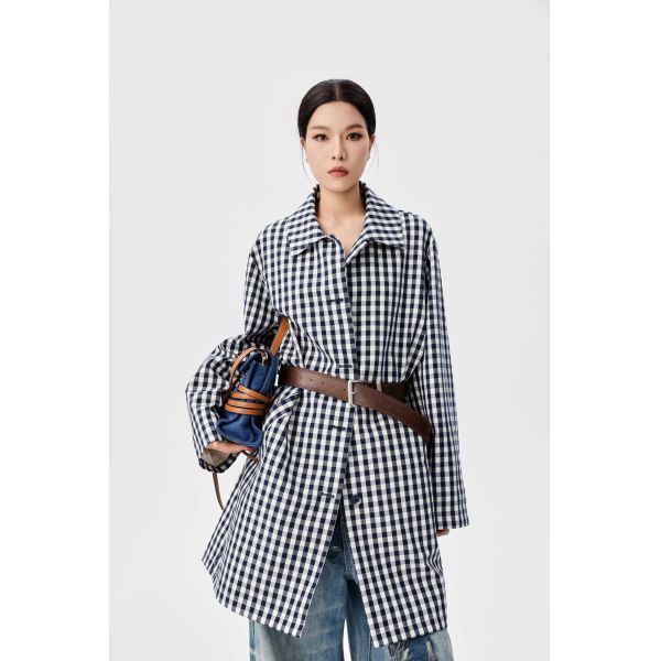 Retro Blue And White Checkered Waist Windbreaker With Niche Design Sense , Mid Length Silhouette , Shirt Style Jacket