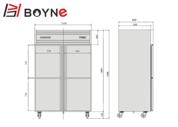 4 Door Commercial Stand Up Refrigerator , -12°C~-18°C Industrial Kitchen