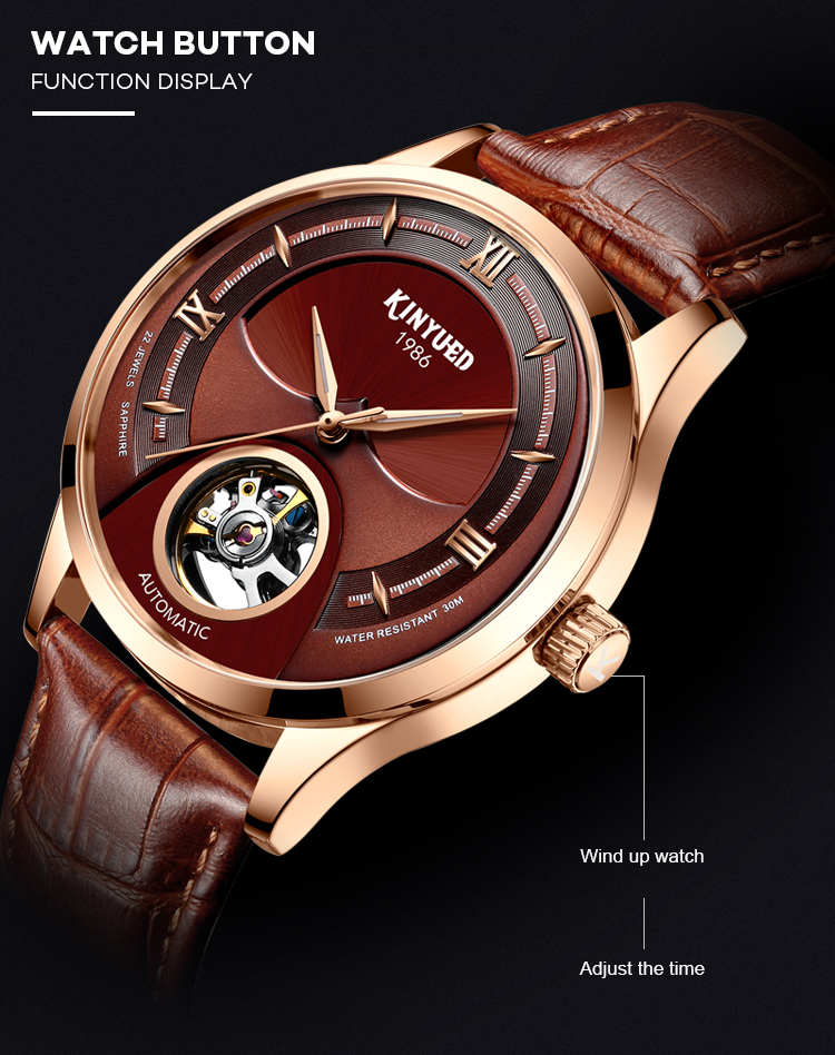 KINYUED genuine leather tourbillon mens automatic watch skeleton mechanical watch men wristwatch