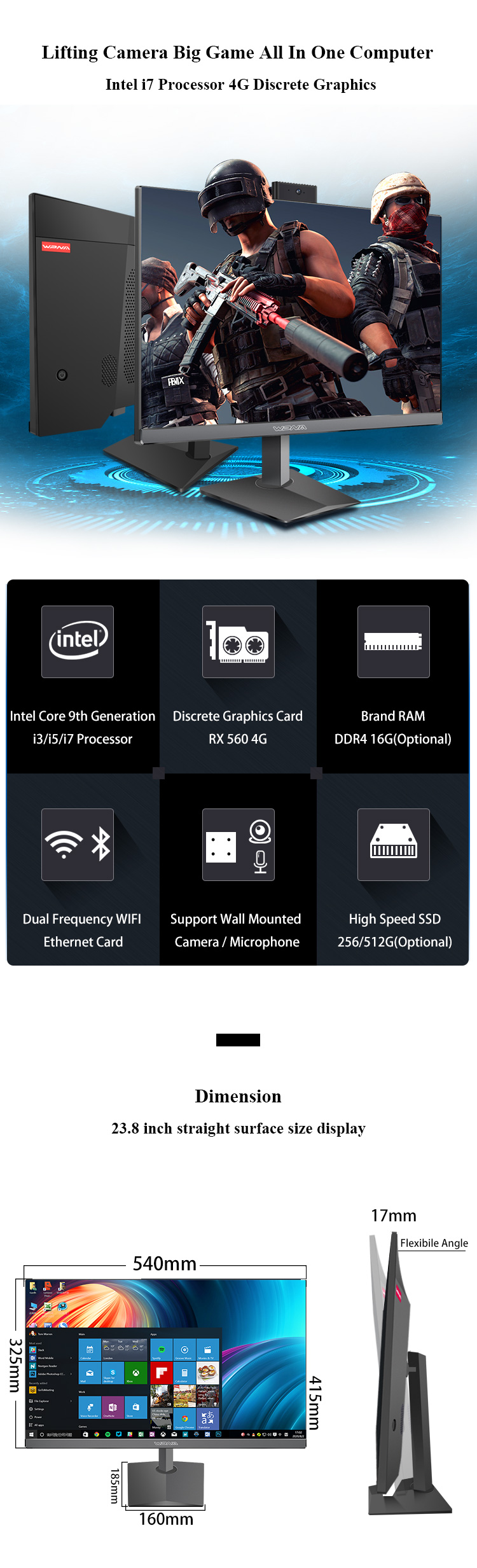 23.8 Inch All In One Desktop Computer with Office Gaming PC and USB Port UK Plugs Type