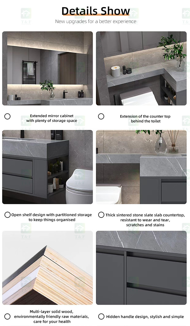 Custom Bathroom Vanity Units Slate Washbasin Toilet Combination Smart LED Mirrored Cabinet