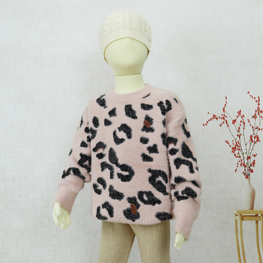 Leopard Pattern Jacquard Knitted Kids baby pullover Children Furry Sweater