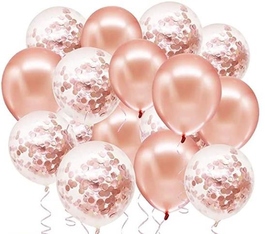 Rose Gold Balloons + White Balloons + Confetti Balloons w/Ribbon | Rosegold