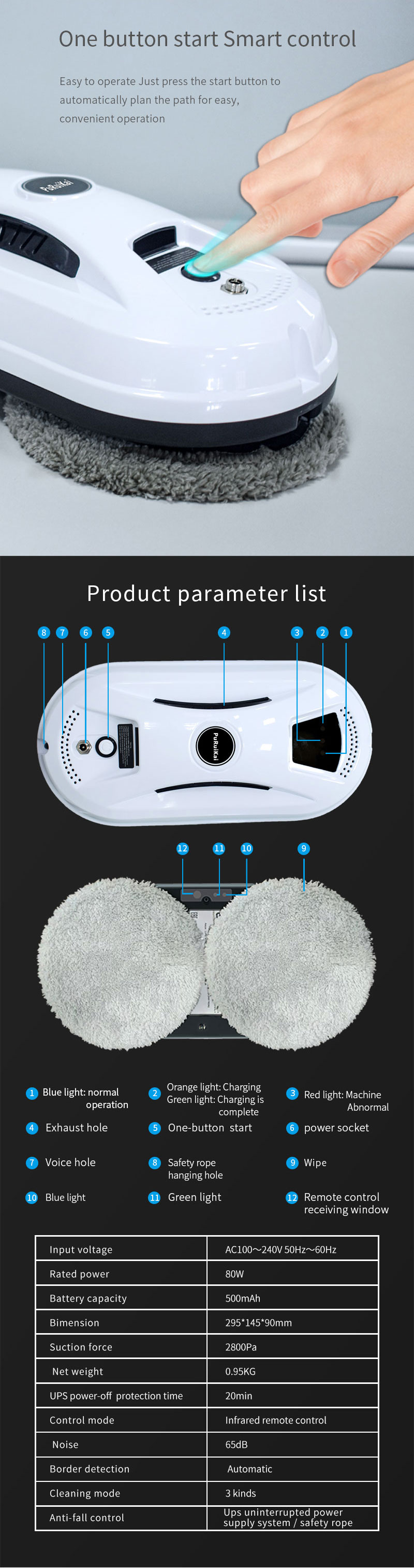 80W Cordless Glass Vacuum Robot Window Cleaner with 2800Pa Suction and Remote Control