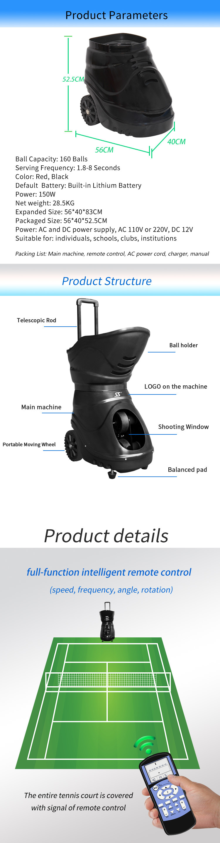 150W Portable Tennis Forehand Practice Machine Multi Function