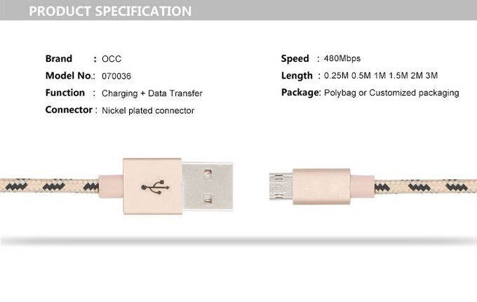 Nylon Aluminum Micro Data USB Cable 5V 2A 3Ft Fast Charging