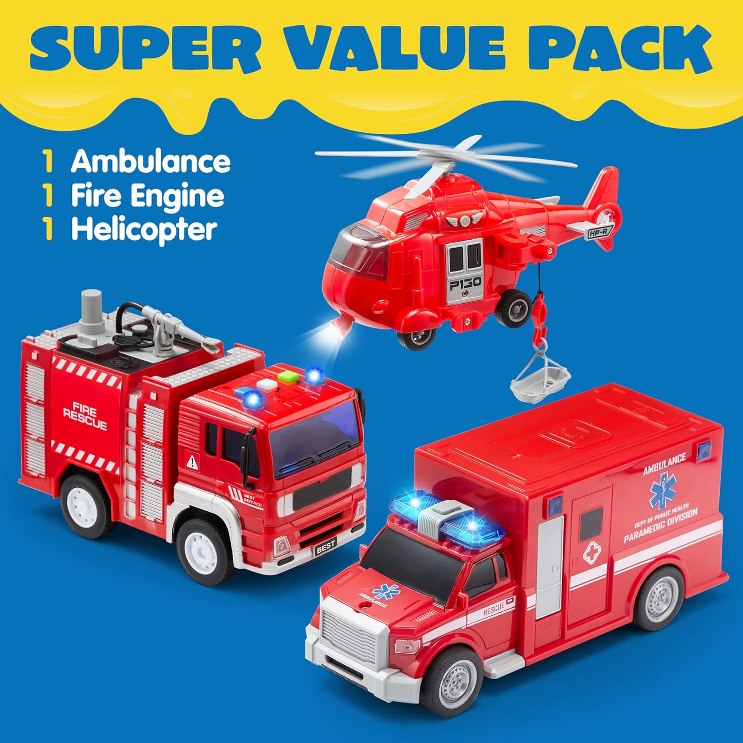Battery-Free Friction Toy Toddler Truck Fire Engine Emergency Vehicle for Kids Age 3-9